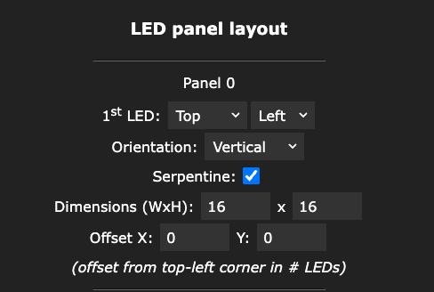 WLED 2D configuration screenshot for 16x16 matrix: top left, vertical, serpentine, 16 by 16
