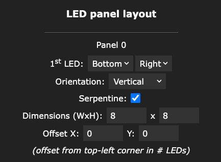 WLED 2D configuration screenshot for 8x8 matrix: bottom right, vertical, serpentine, 8 by 8